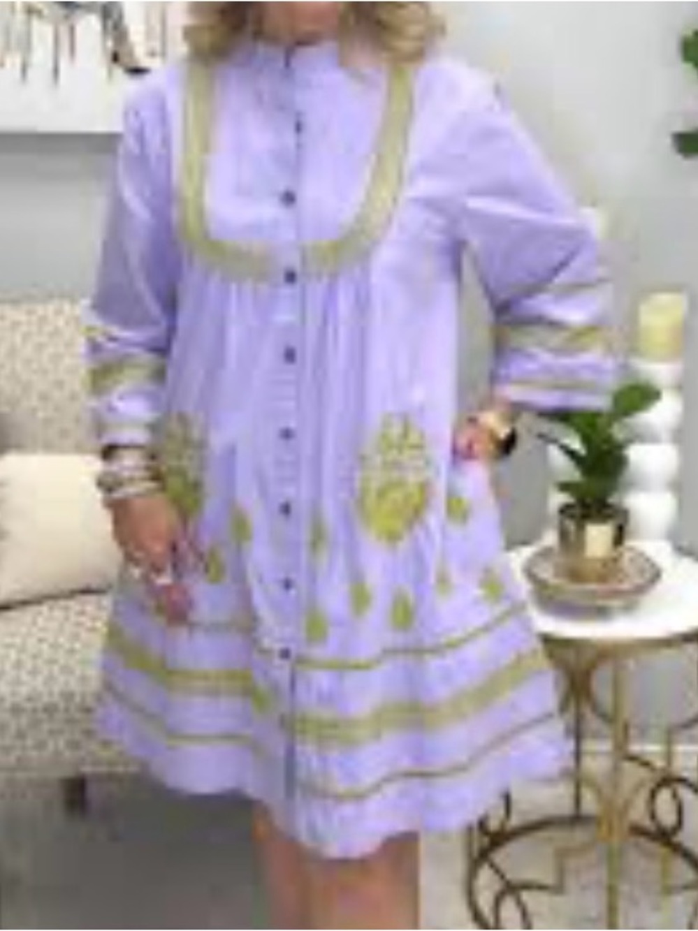 Uncle Frank Ivey Jane Lavender Long-Sleeve Embroidered Button Dress L